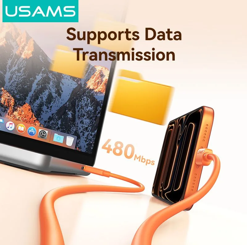USAMS καλώδιο USB-C SJ787, σιλικόνης, 60W, 480Mbps, 1m, πορτοκαλί — εικόνα 5