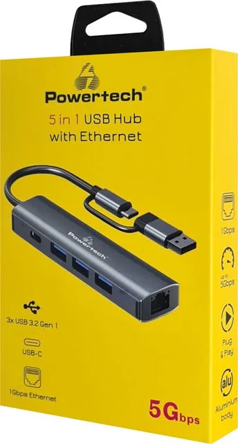 POWERTECH USB hub PTR-0150 με θύρα δικτύου, 4 θυρών, USB & USB-C, γκρι — εικόνα 3