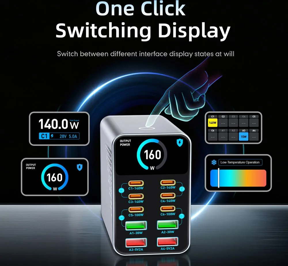POWERTECH σταθμός φόρτισης PT-1687, 4x USB & 6x USB-C, GaN, 165W, γκρι — εικόνα 3