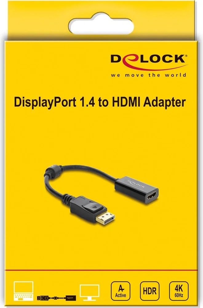 Αντάπτορας DisplayPort σε HDMI της DELOCK μαύρος με βύσμα DisplayPort, σε κίτρινη συσκευασία με αναγραφές 4K και HDR
