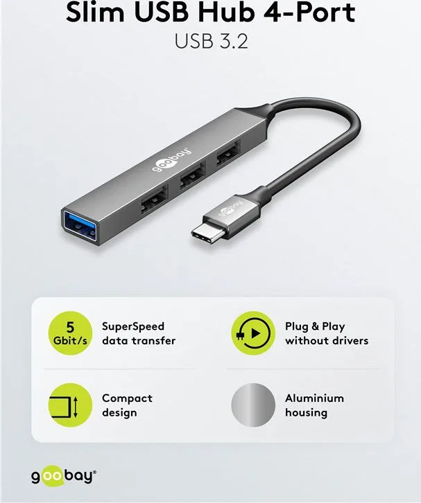 GOOBAY USB hub 74457, 4x θυρών, USB 3.2, 5Gbps, USB-C σύνδεση, γκρι — εικόνα 5