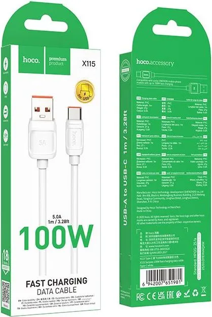 HOCO X115 Surpass καλώδιο ΦΟΡΙΣΗΣ και δεδομένων Type C, 100W, 1M, λευκό — εικόνα 3