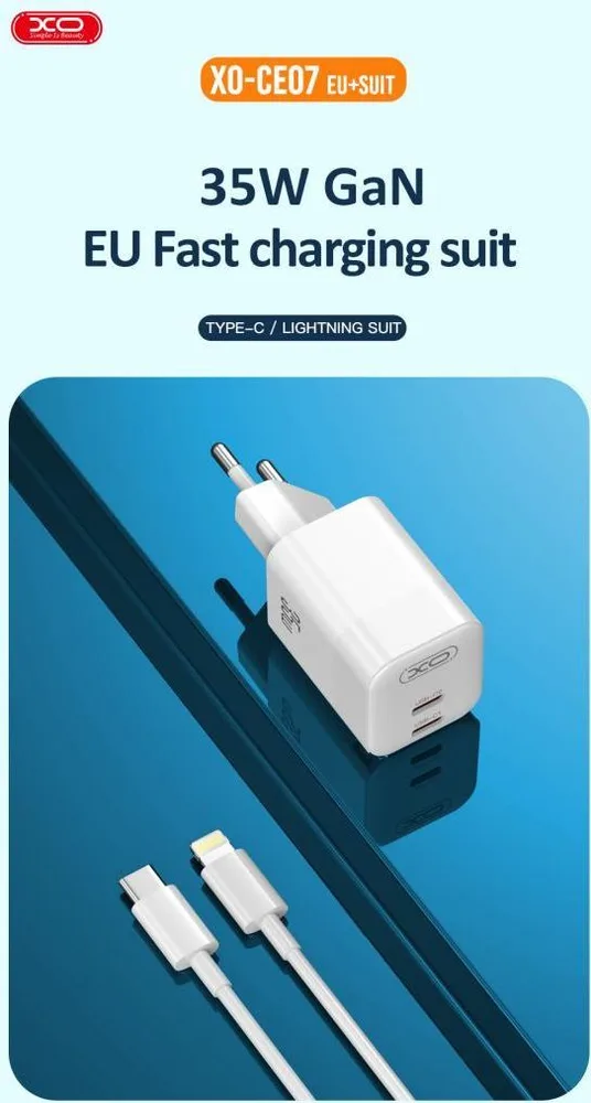 XO CE07 φορτιστής 35W GaN, 2 ΘΥΡΕΣ PD, λευκό — εικόνα 2