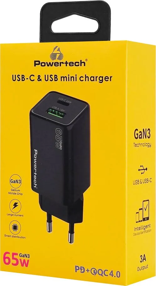 POWERTECH φορτιστής τοίχου PT-1501, USB/USB-C, 65W, GaN, μαύρος — εικόνα 4