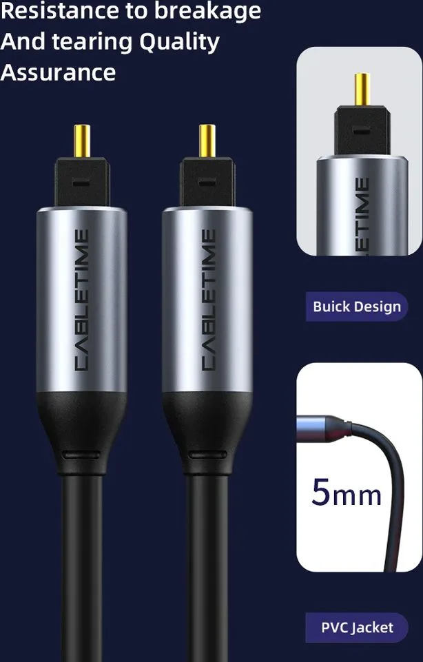 CABLETIME καλώδιο ήχου Toslink CT-AV380-P04GN, gold plated, 5mm, 5m, μαύρο — εικόνα 2