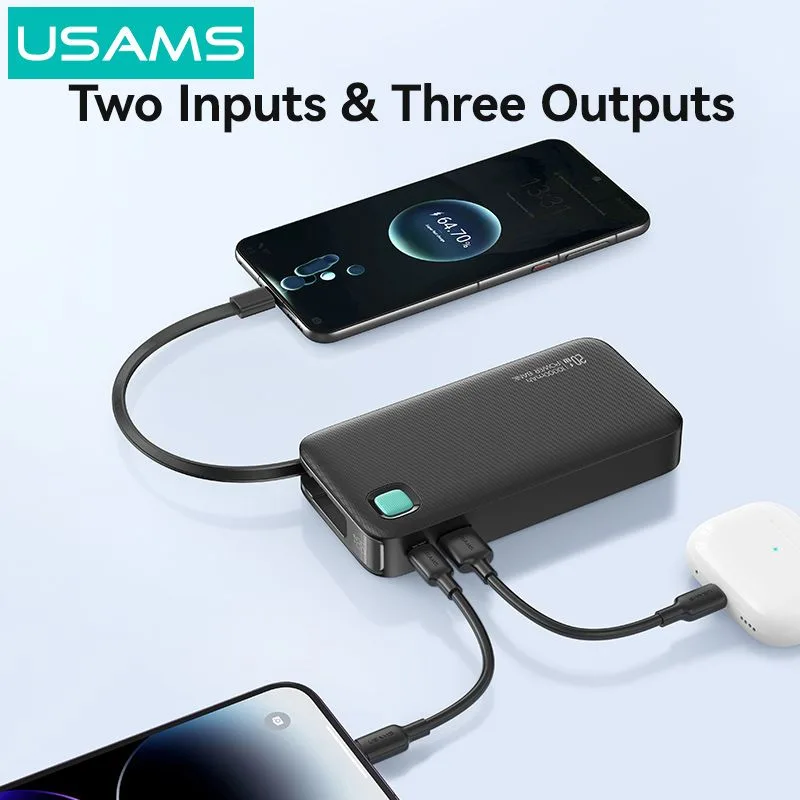 USAMS power bank CD224 με καλώδιο USB-C, 2x θύρες εξόδου, 10000mAh, 20W, μαύρο — εικόνα 2