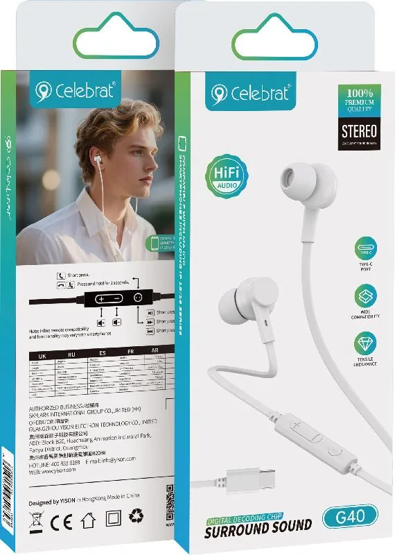 CELEBRAT earphones με μικρόφωνο G40, USB-C σύνδεση, 10mm, 1.2m, λευκά — εικόνα 5