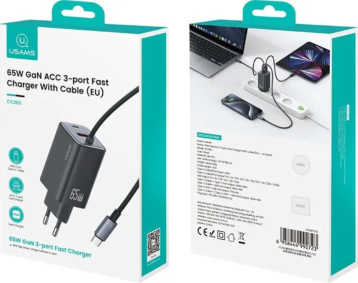 USAMS φορτιστής τοίχου CC266 με καλώδιο, USB & USB-C, 65W, GaN, μαύρος — εικόνα 5