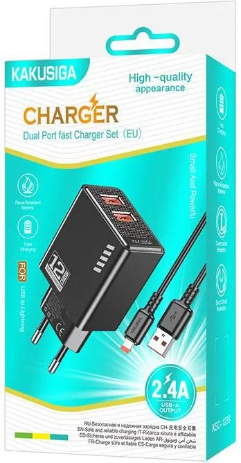 KAKUSIGA φορτιστής τοίχου KSC-1238 με καλώδιο Lightning, 2x USB, 12W, μαύρος — εικόνα 3