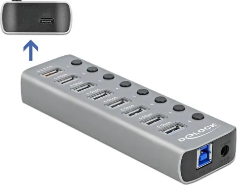 DELOCK USB hub 63264 με διακόπτες, 9x θυρών, 5Gbps, 12V/2.25A PD, γκρι