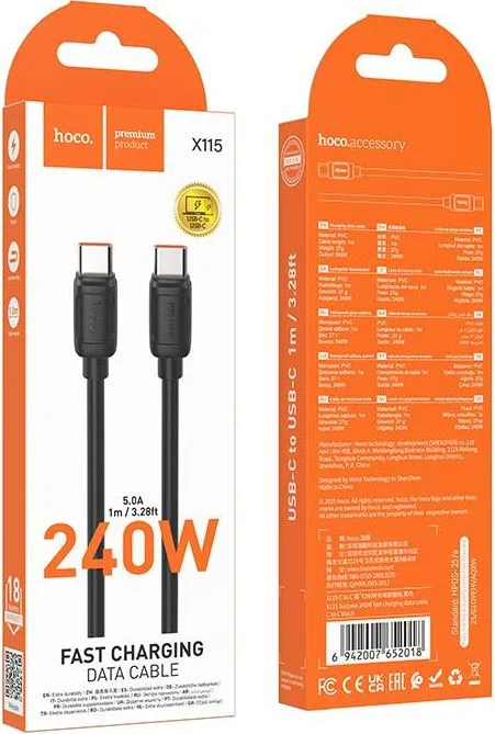 HOCO X115 Surpass καλώδιο φόρτισης, 240W, Type-C, 1M, μαύρο — εικόνα 5