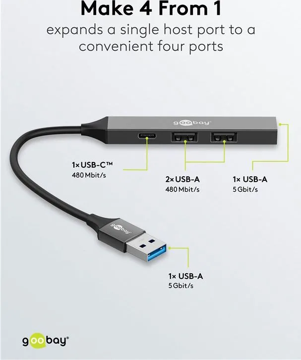 GOOBAY USB hub 74458, 4x θυρών, USB 3.2, 5Gbps, USB σύνδεση, γκρι — εικόνα 3