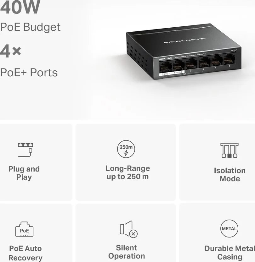 MERCUSYS Desktop Switch MS106LP, 6x 10/100 Mbps, PoE+, Ver. 1.0 — εικόνα 2