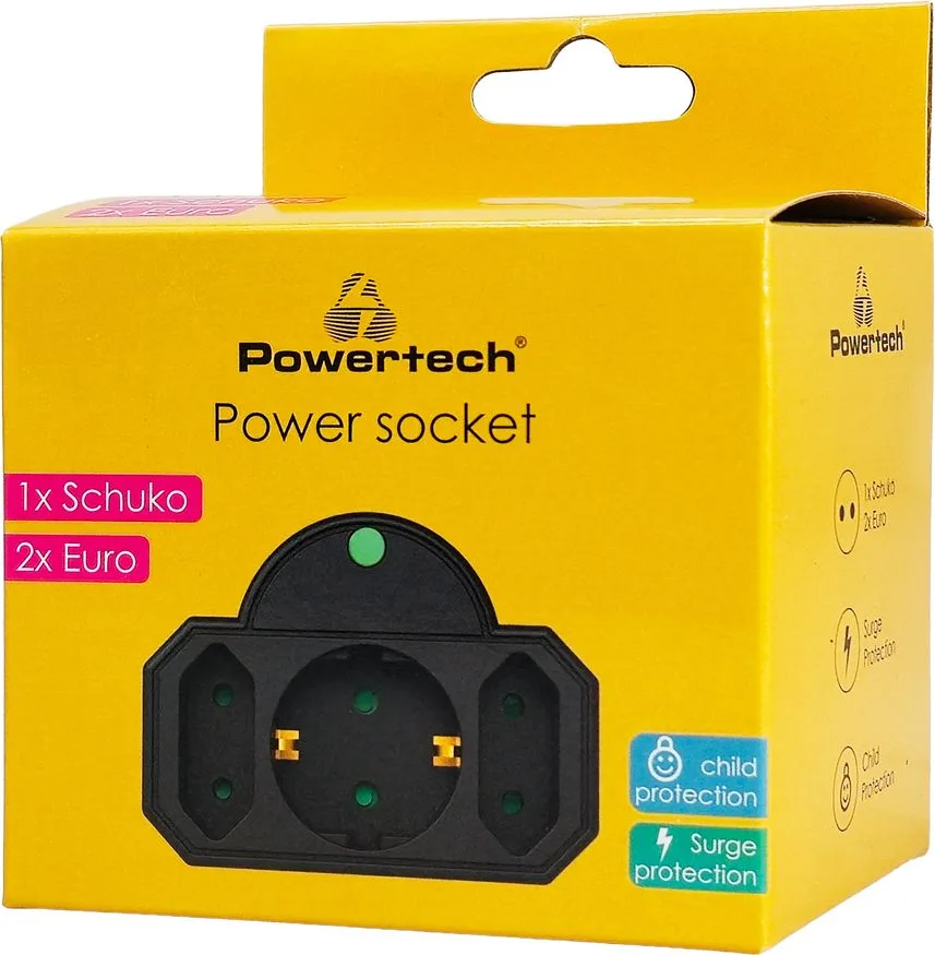 POWERTECH αντάπτορας ρεύματος PT-817 με προστασία υπέρτασης, 1x schuko, 2x euro, 16A, μαύρος — εικόνα 2
