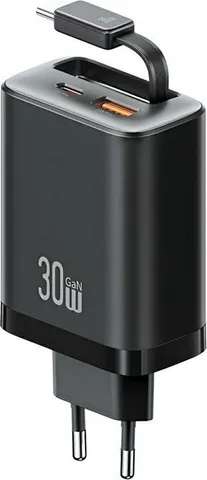USAMS φορτιστής τοίχου CC296 με καλώδιο, USB & USB-C, 30W, μαύρος