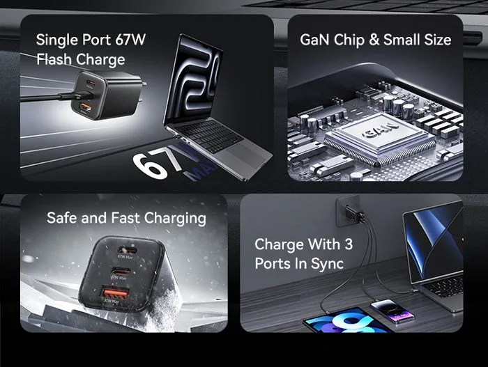 USAMS φορτιστής τοίχου CC265, USB & 2x USB-C, 67W, GaN, μαύρος — εικόνα 3