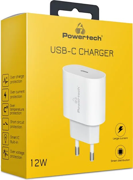 POWERTECH φορτιστής τοίχου PT-1150, USB-C, 12W, λευκός — εικόνα 2