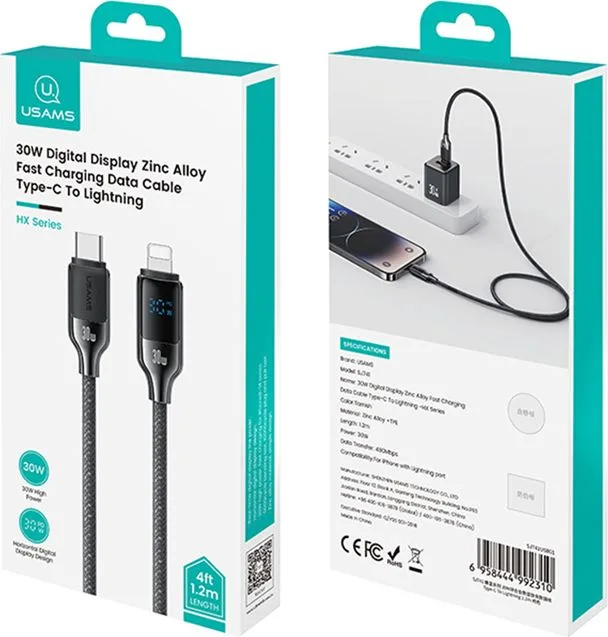 USAMS καλώδιο Lightning σε USB-C SJ741, 30W, 480Mbps, 1.2m, μαύρο — εικόνα 5