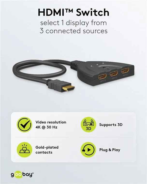 GOOBAY HDMI switch 58487, 3-in σε 1-out, 4K/30Hz, μαύρο — εικόνα 4