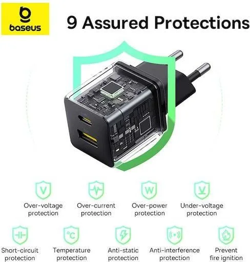 BASEUS Palm φορτιστής ΓΡΗΓΟΡΗΣ φόρτισης, 2 ΘΥΡΕΣ, 30W, ΜΑΥΡΟΣ — εικόνα 2