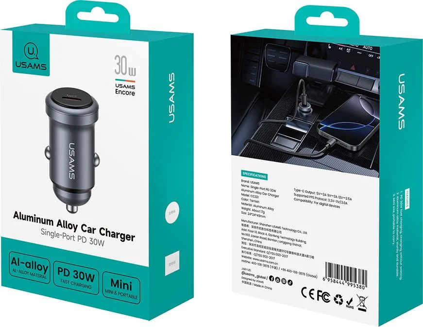 USAMS φορτιστής αυτοκινήτου CC321, USB-C, 30W, γκρι — εικόνα 7