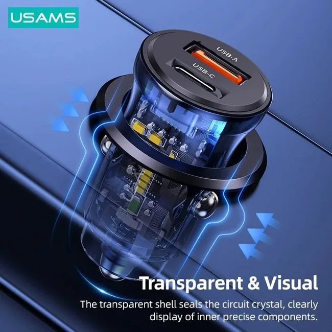 USAMS φορτιστής αυτοκινήτου US-CC164, USB & USB-C, 30W, μαύρος — εικόνα 2