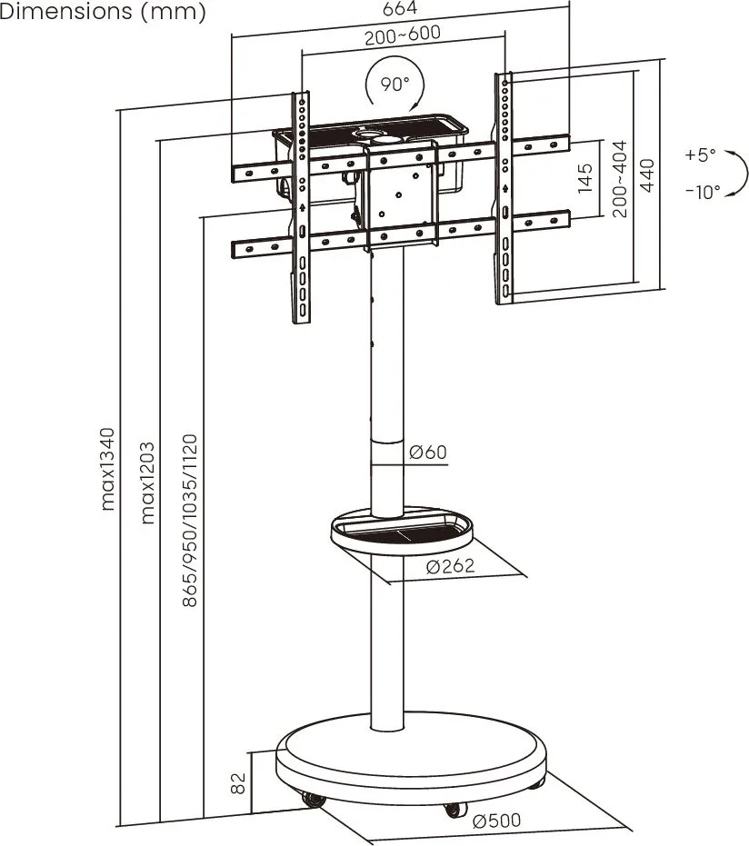 BRATECK βάση τηλεόρασης δαπέδου FS38-46TWE, 37-86", έως 50kg, με ράφι & cable management, ροδάκια, μαύρη — εικόνα 6