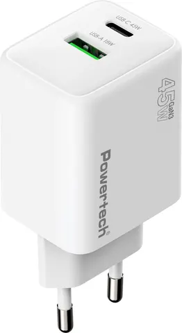 POWERTECH φορτιστής τοίχου PT-1551, USB/USB-C, 45W, GaN, AVS, λευκός