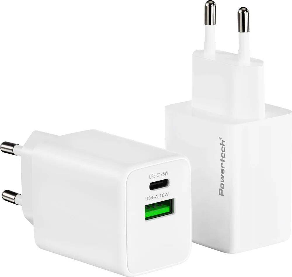 POWERTECH φορτιστής τοίχου PT-1551, USB/USB-C, 45W, GaN, AVS, λευκός — εικόνα 2