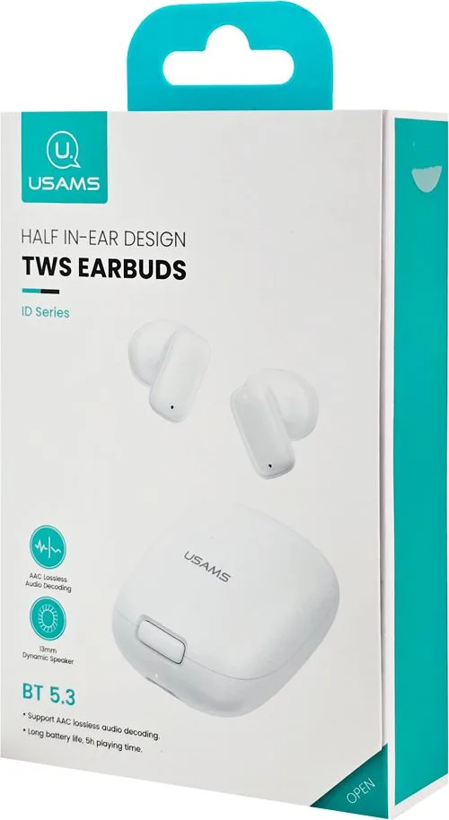 USAMS earphones με θήκη φόρτισης ID25, TWS, Φ13mm, 30/230mAh, λευκά — εικόνα 5