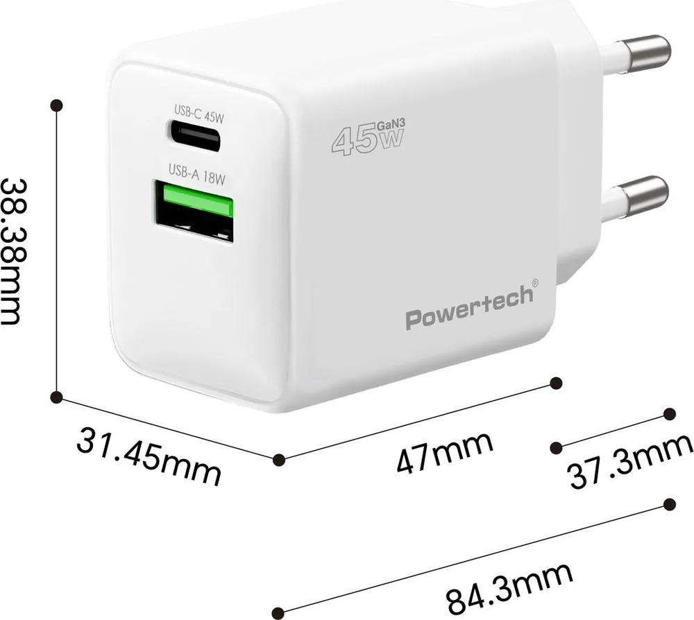 POWERTECH φορτιστής τοίχου PT-1551, USB/USB-C, 45W, GaN, AVS, λευκός — εικόνα 3