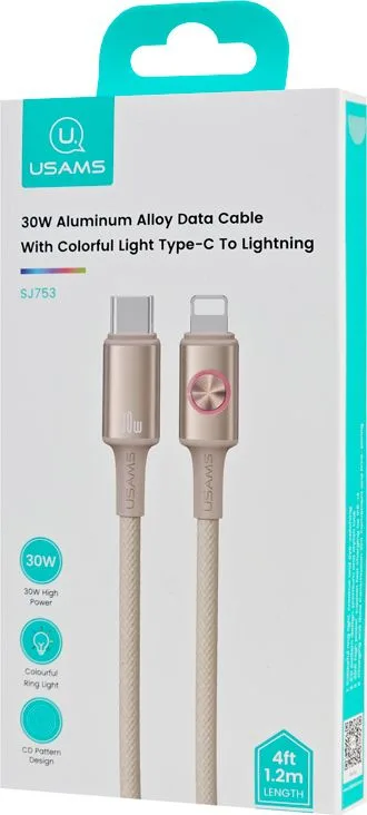 USAMS καλώδιο Lightning σε USB-C SJ753, 30W, 480Mbps, 1.2m, μπεζ — εικόνα 3