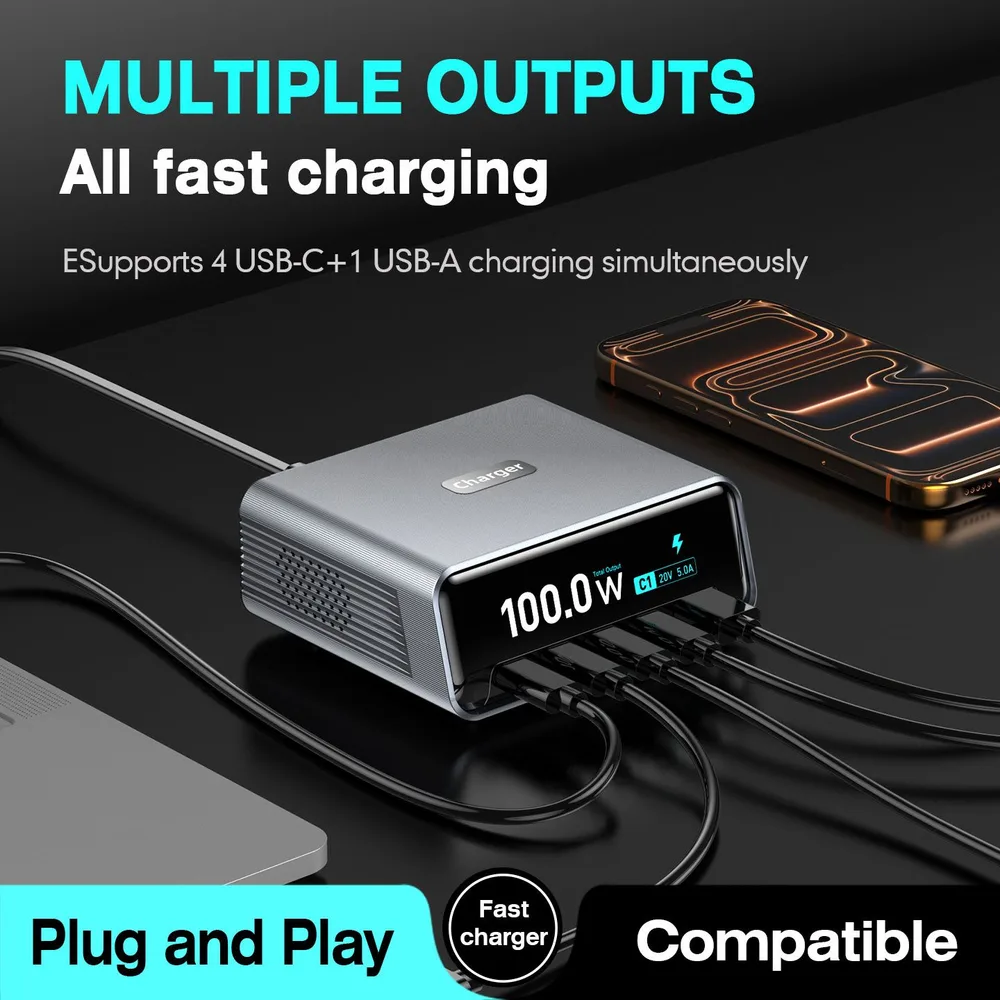 POWERTECH σταθμός φόρτισης PT-1622 με οθόνη, USB & 4x USB-C, GaN, 100W, ασημί — εικόνα 2