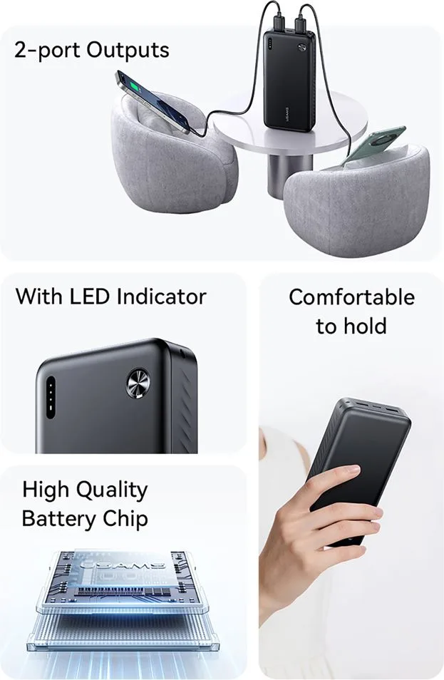 USAMS power bank CD254, 2x θύρες εξόδου, 20000mAh, 10W, μαύρο — εικόνα 5