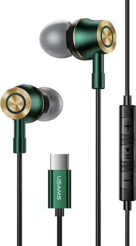USAMS earphones με μικρόφωνο US-SJ482, USB-C, Φ10mm, 1.2m, πράσινα