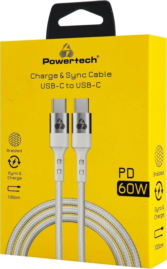POWERTECH καλώδιο USB-C σε USB-C PTR-0167, PD 60W, copper, 1m, λευκό — εικόνα 2