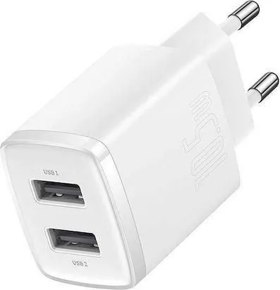 BASEUS Compact Charger 2U, φορτιστής τοίχου, 2 ΘΥΡΕΣ USB, 10.5W, ΛΕΥΚΟΣ — εικόνα 2