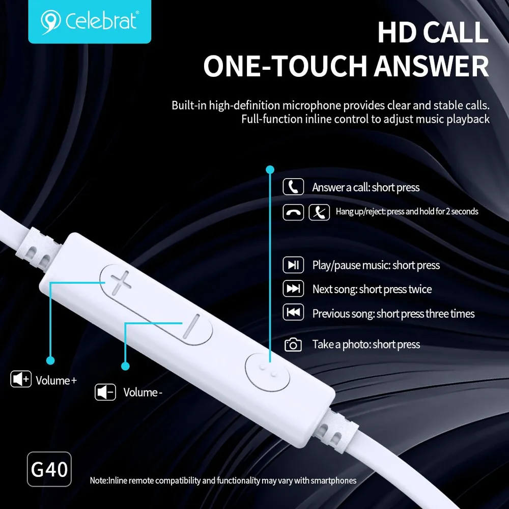 CELEBRAT earphones με μικρόφωνο G40, USB-C σύνδεση, 10mm, 1.2m, λευκά — εικόνα 3