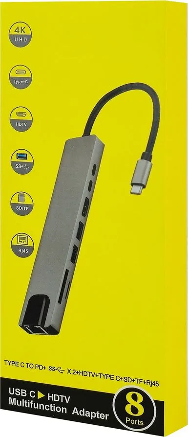 POWERTECH docking station PT-1536, 8 θυρών, USB-C σύνδεση, 87W PD, 100Mbps, γκρι — εικόνα 3