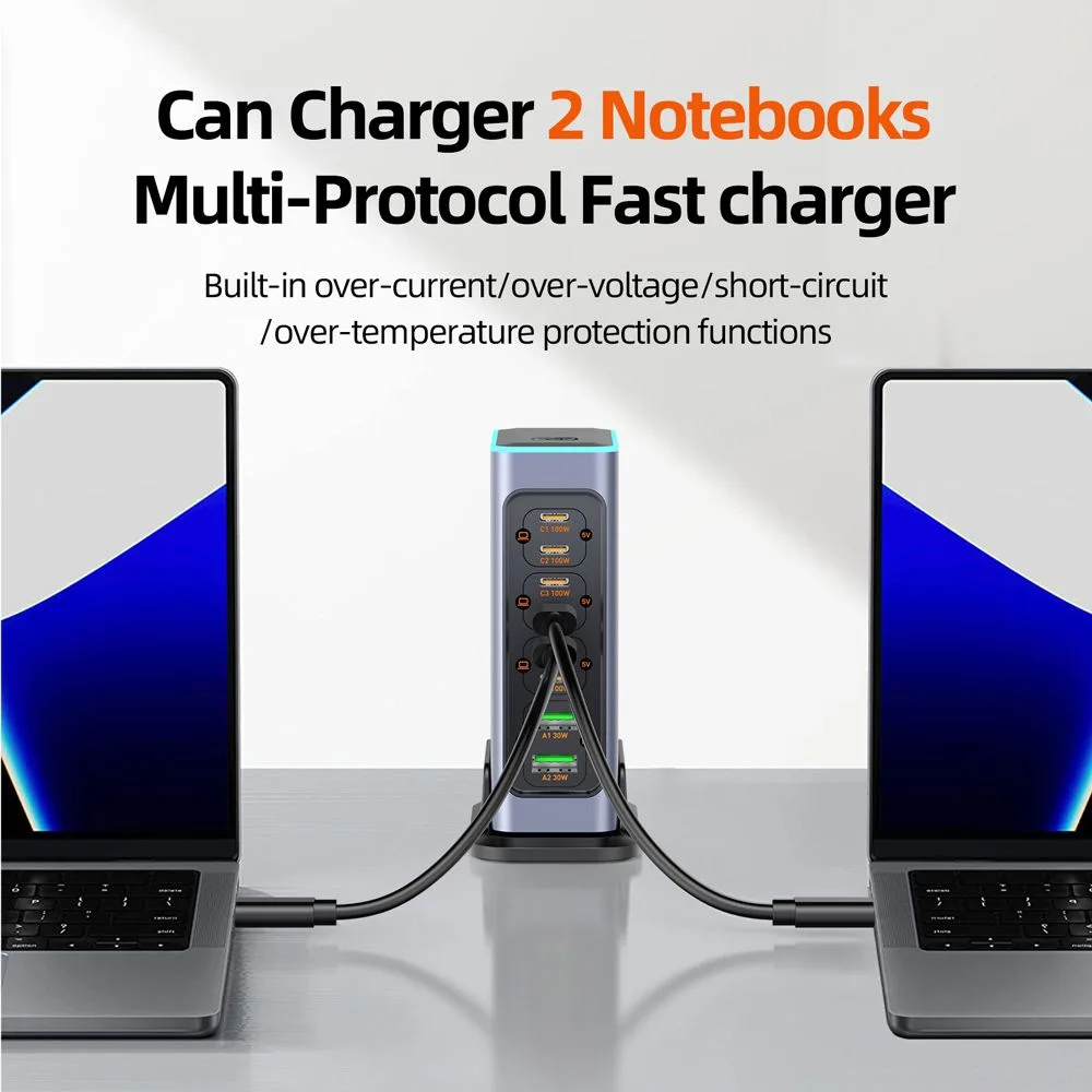 POWERTECH σταθμός φόρτισης PT-1621, 2x USB & 6x USB-C, GaN, 140W, γκρι — εικόνα 5