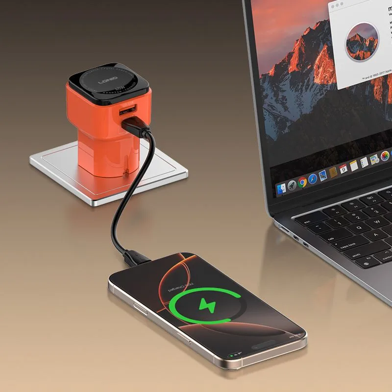 LDNIO φορτιστής τοίχου Q2420 με καλώδιο, USB/USB-C, 45W, universal πρίζα, πορτοκαλί — εικόνα 3