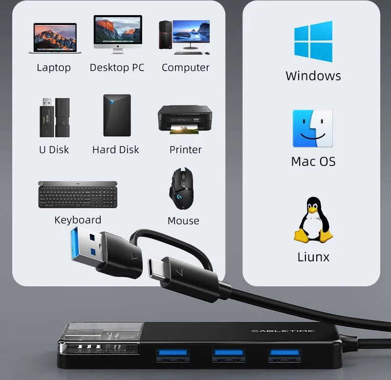 CABLETIME USB hub CT-HUBT5-PB, 4x θυρών, 10Gbps, USB/USB-C σύνδεση, μαύρο — εικόνα 9
