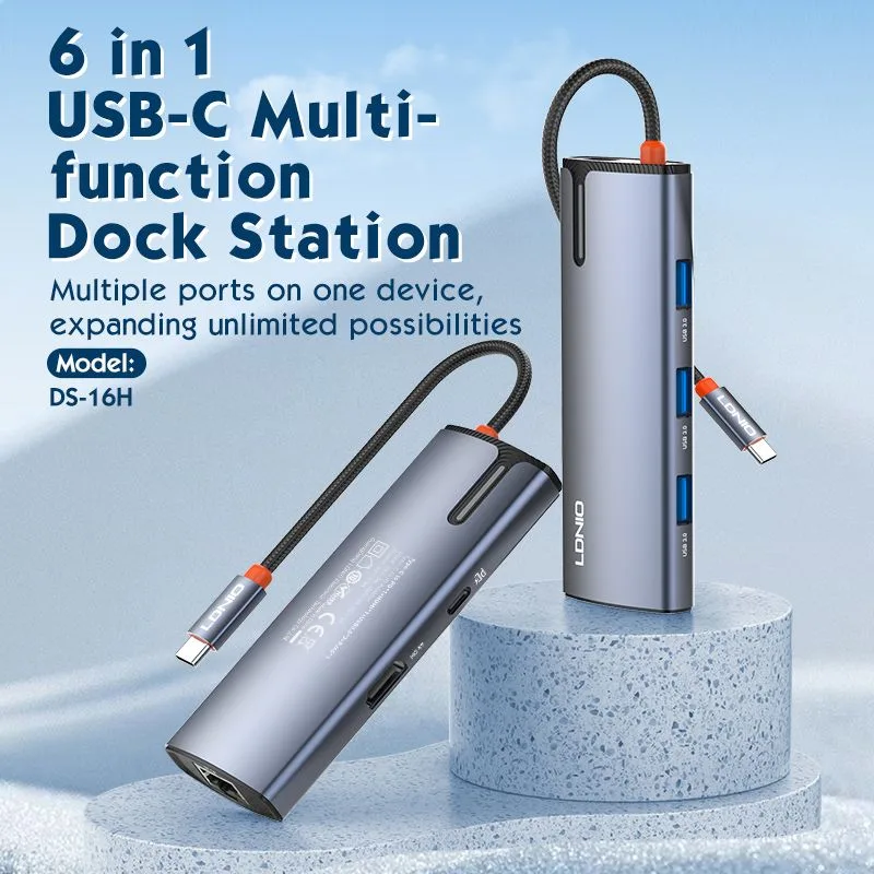 LDNIO docking station DS-16H, 6 θυρών, USB-C σύνδεση, 4K, 100W PD, γκρι — εικόνα 2
