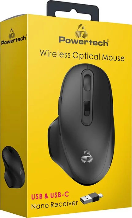 POWERTECH ασύρματο ποντίκι PT-1152, USB & USB-C δέκτη, 1600DPI, μαύρο — εικόνα 3