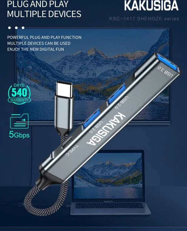 KAKUSIGA USB hub KSC-1417, 4x θυρών, USB 3.0, 5Gbps, USB-C σύνδεση, γκρι — εικόνα 3