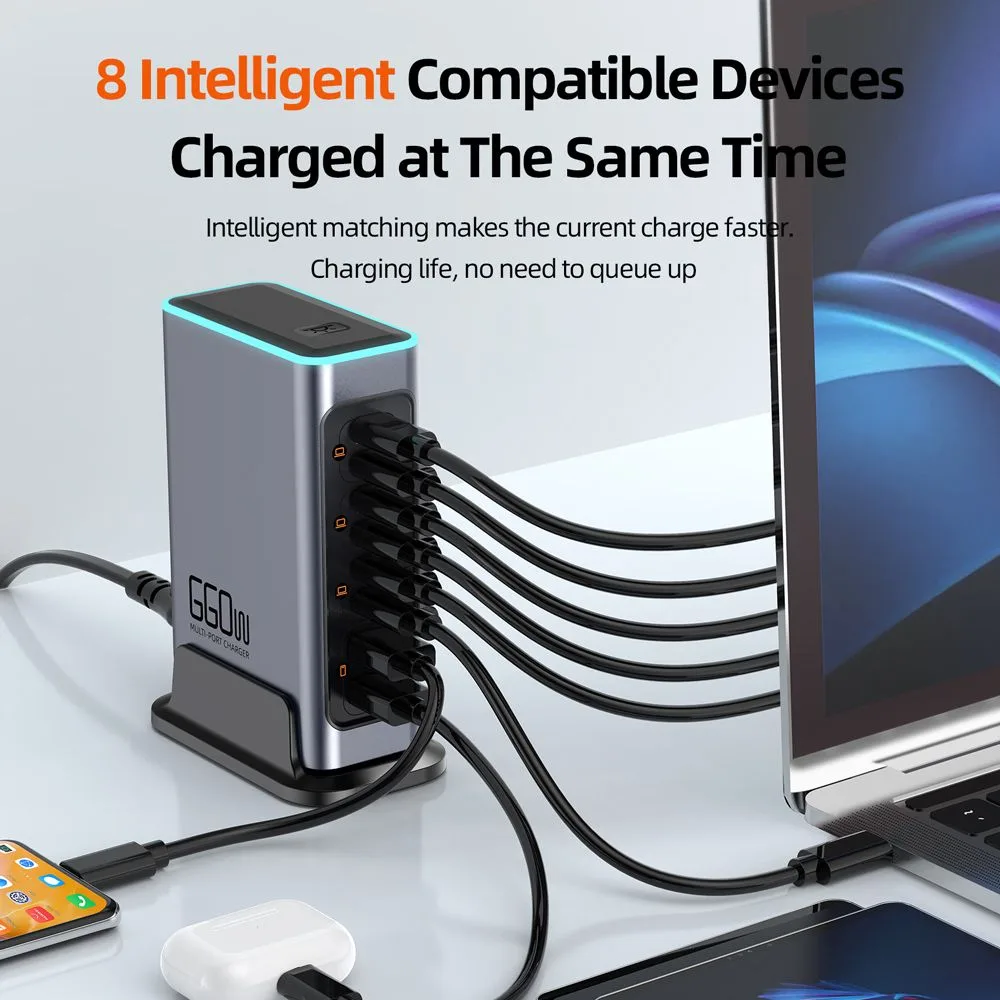 POWERTECH σταθμός φόρτισης PT-1621, 2x USB & 6x USB-C, GaN, 140W, γκρι — εικόνα 2