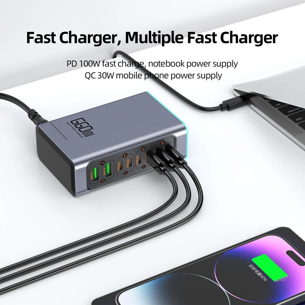 POWERTECH σταθμός φόρτισης PT-1621, 2x USB & 6x USB-C, GaN, 140W, γκρι — εικόνα 4