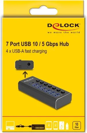 DELOCK USB hub 64326 με διακόπτες, 7x θυρών, 10Gbps, USB/USB-C σύνδεση, μαύρο — εικόνα 5