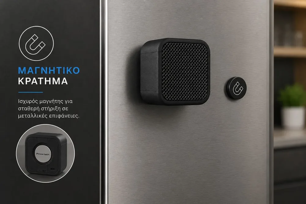 POWERTECH μίνι φορητό ηχείο TWS PT-1626, μαγνητικό, 5W, Bluetooth, 400mAh, μαύρο — εικόνα 4