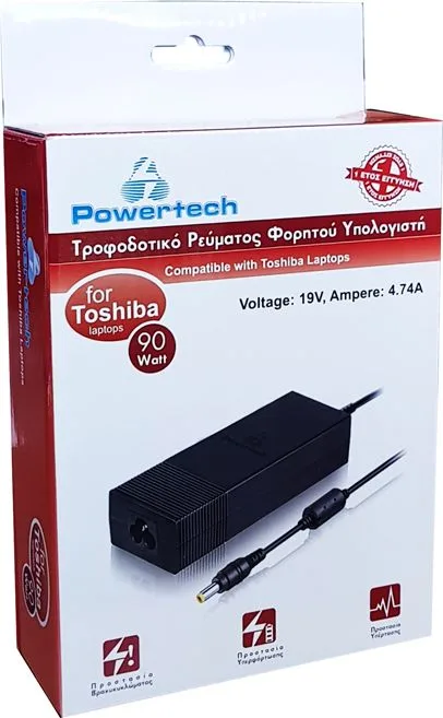POWERTECH φορτιστής laptop PT-54 για Toshiba, 90W, 19V, μαύρος — εικόνα 2